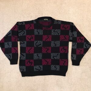 Vintage 80s Mens Crewneck Sweater XL Acrylic Pop Art Eclectic Black Burgundy USA